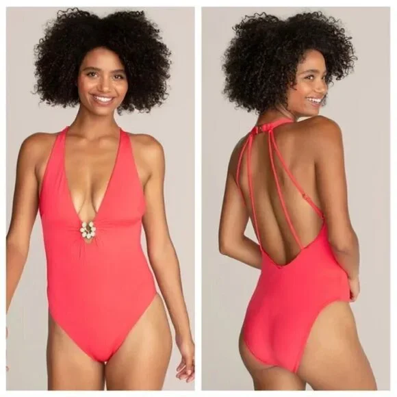 💕TRINA TURK💕 Bijou Solids V-Plunge Plus One Piece Swimsuit Poppy Coral 20W